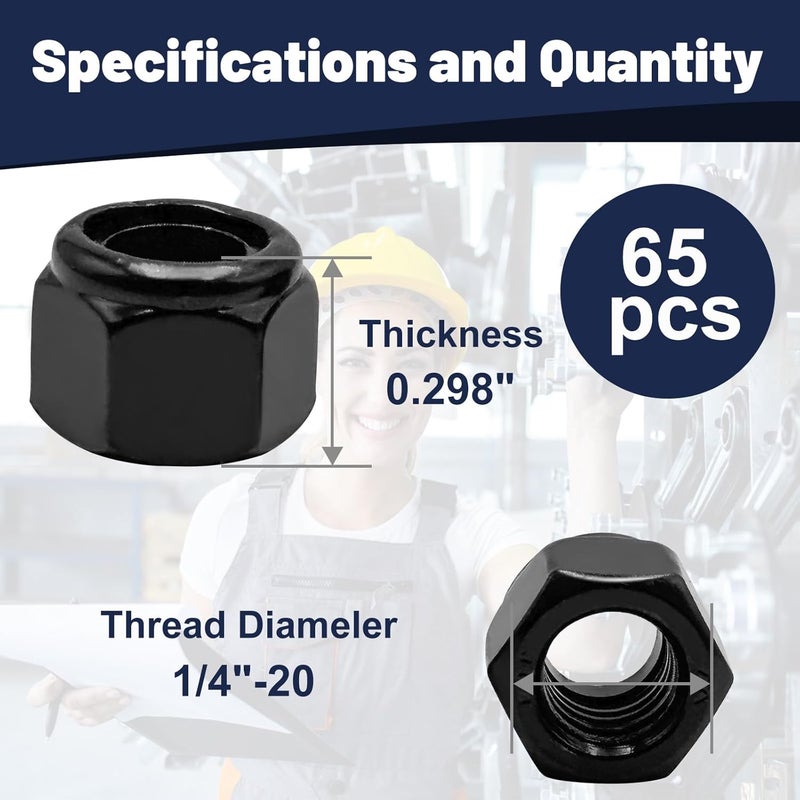ZQZ 1/4"-20 Black Nylon Lock Nuts, 65PCS 304 (A2-70) Stainless Steel Nylon Insert Locknuts, Black Oxide, Coarse Thread Nylock Nuts - Image 2